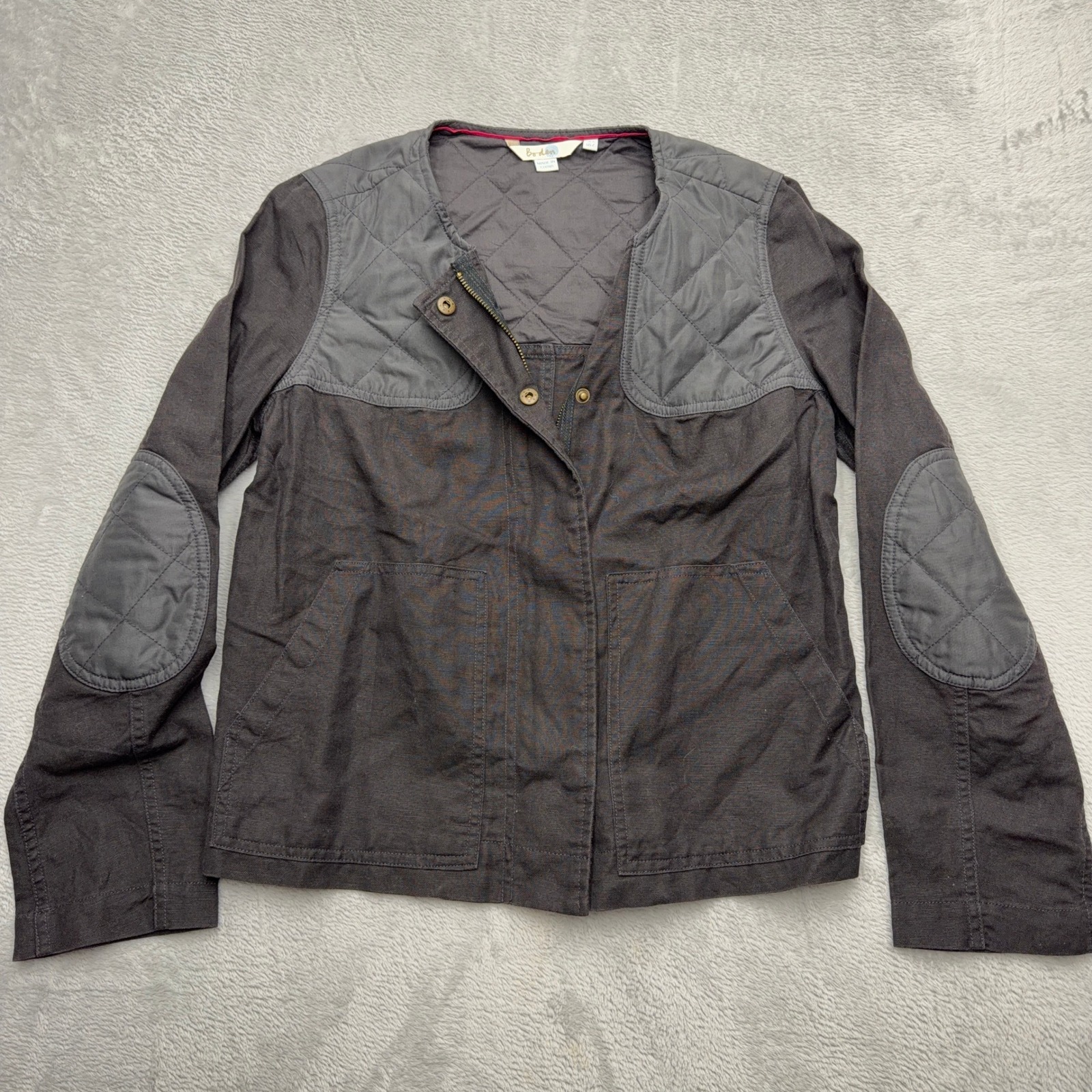 Boden Jacket Womens Us 2 Gray Quilted Shoulder Elbow Patch Utility Cotton Linen